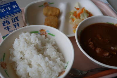 若獅子カレー、チキンナゲット、フレンチサラダ、ご飯、牛乳