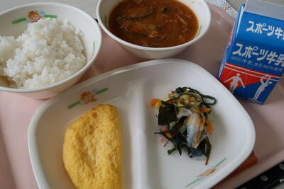 夏野菜カレー、プレーンオムレツ、海藻サラダ、ご飯、牛乳
