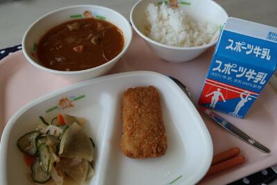 チキンカレー、とんかつ、手作り福神漬け、ご飯、牛乳