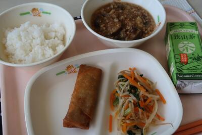マーボーなす、春巻、人参と小松菜の香味和え、ご飯、お茶