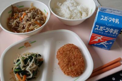 豚すき丼、ポテトコロッケ、辛子和え、ご飯、お茶