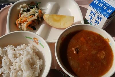 ポークカレー、ツナサラダ、リンゴ、麦ご飯、牛乳