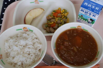 秋のカレー、コロコロソテー、りんご、麦ご飯、牛乳
